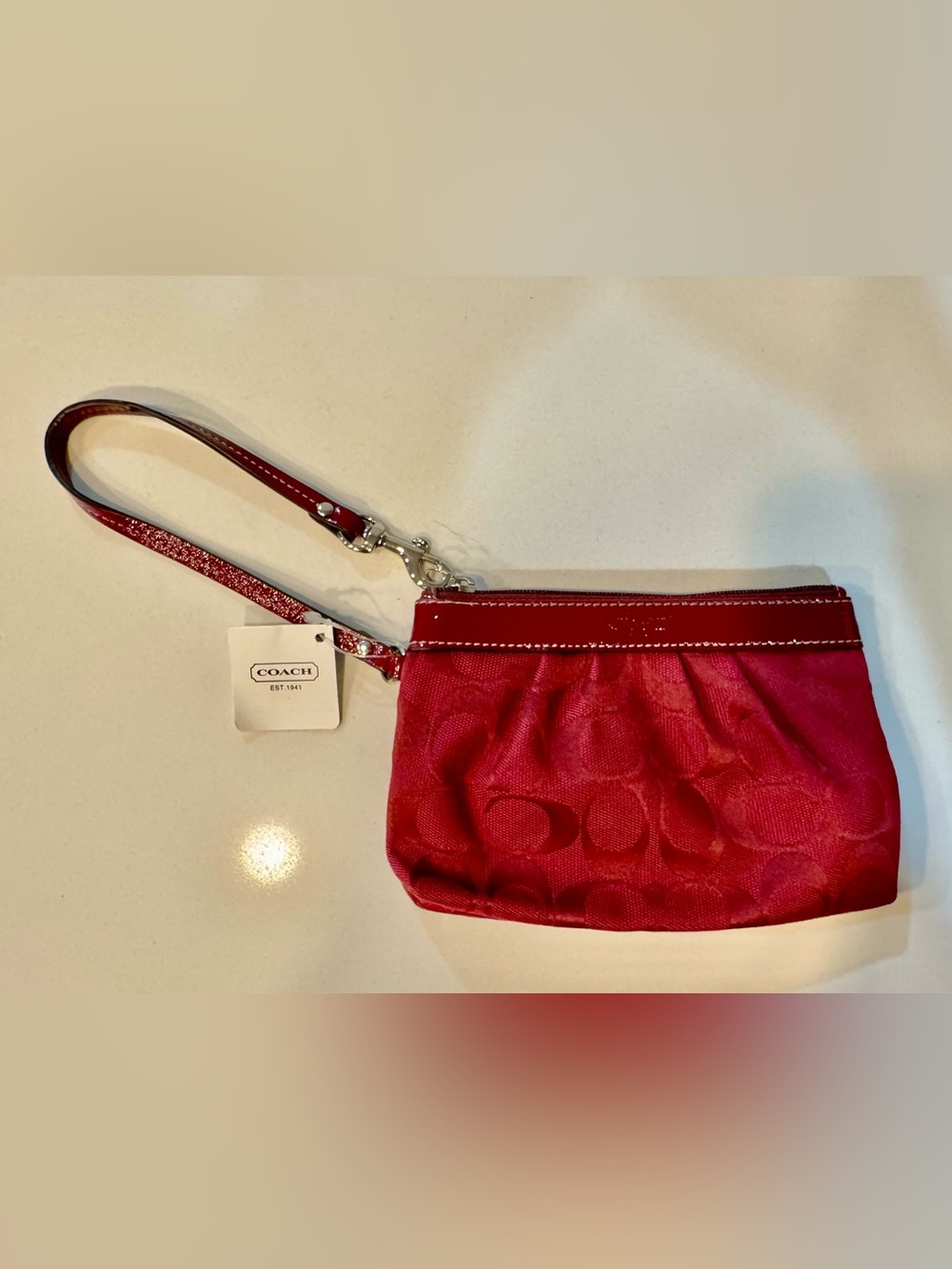 Coach Red Signature Satin Wristlet with Patent Trim_NWT